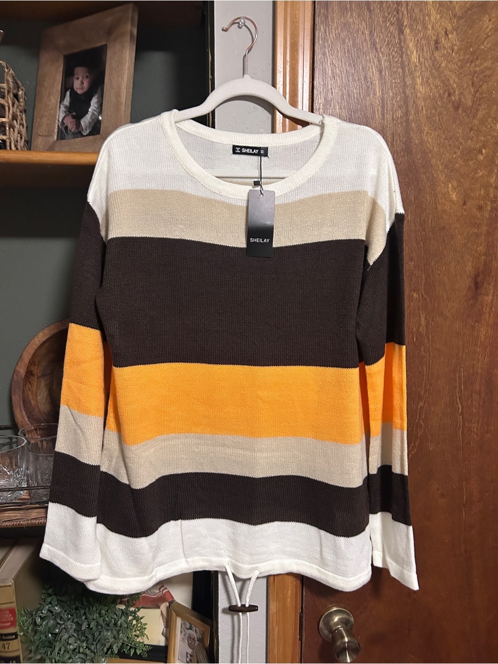 Shelay Striped Crewneck Sweater in Brown, Cream & Orange